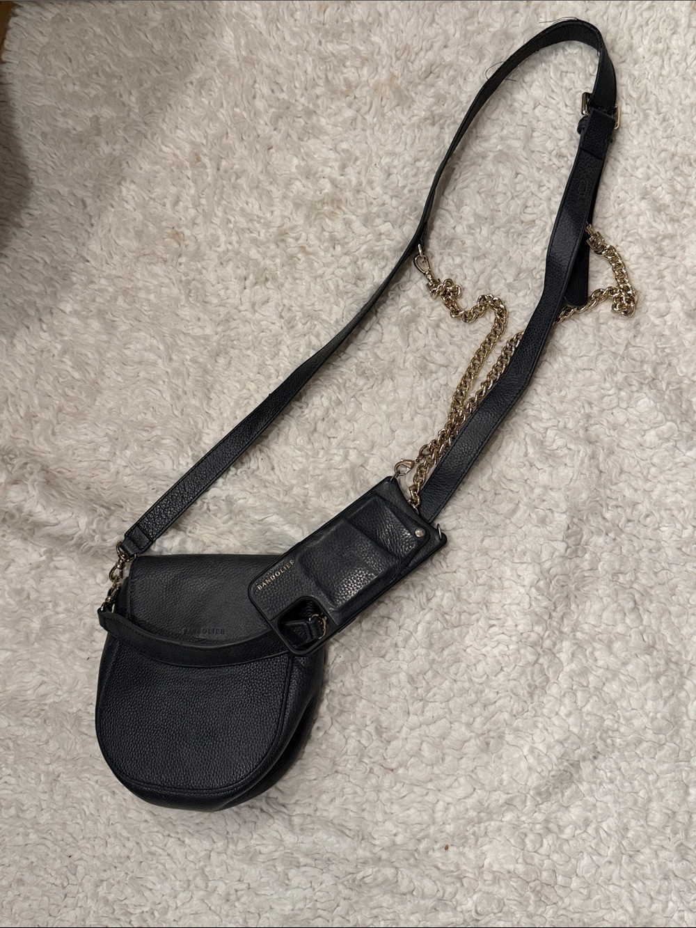 Bandolier Black Pebbled Leather Crossbody and Phone Case with Gold Chain - Picture 9 of 12